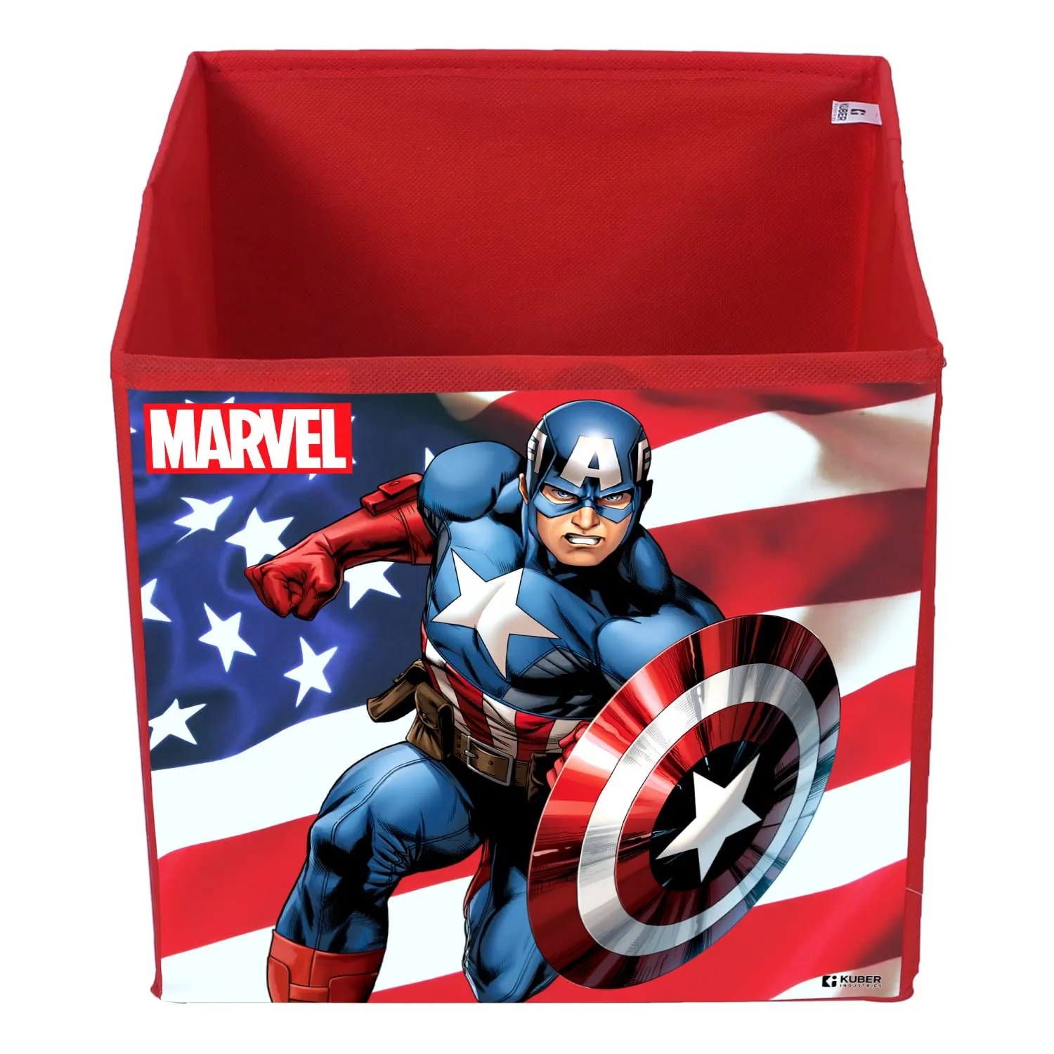 Kuber Industries Marvel Captain America Print Durable & Collapsible Square Storage Box|Clothes Organizer With Handle,Pack of 4 (Red)