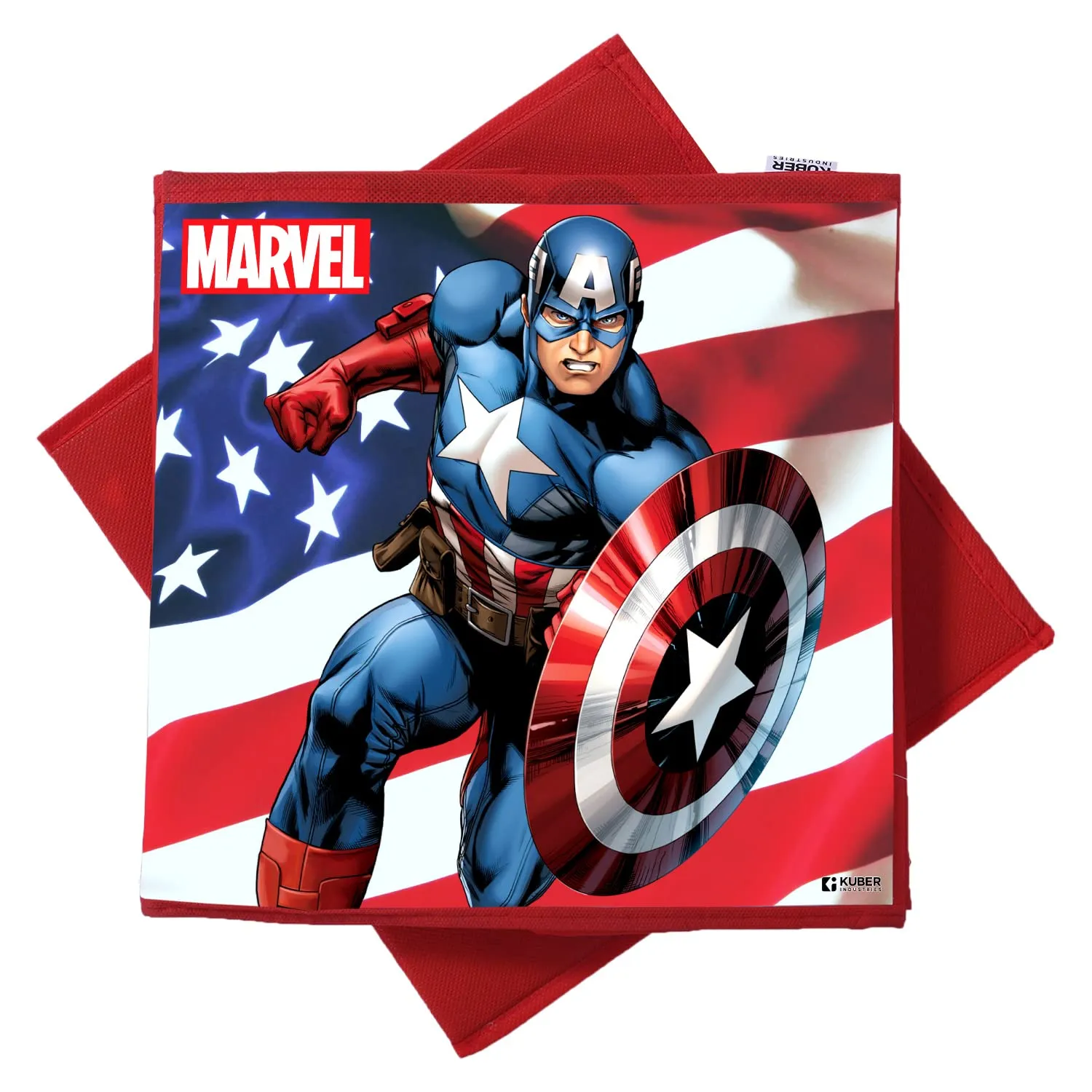Kuber Industries Marvel Captain America Print Durable & Collapsible Square Storage Box|Clothes Organizer With Handle,Pack of 4 (Red)