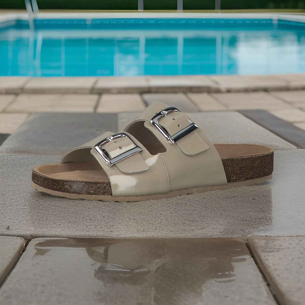 Marco Tozzi Pebble Coloured Leather Sandal with Silver Buckle Detail