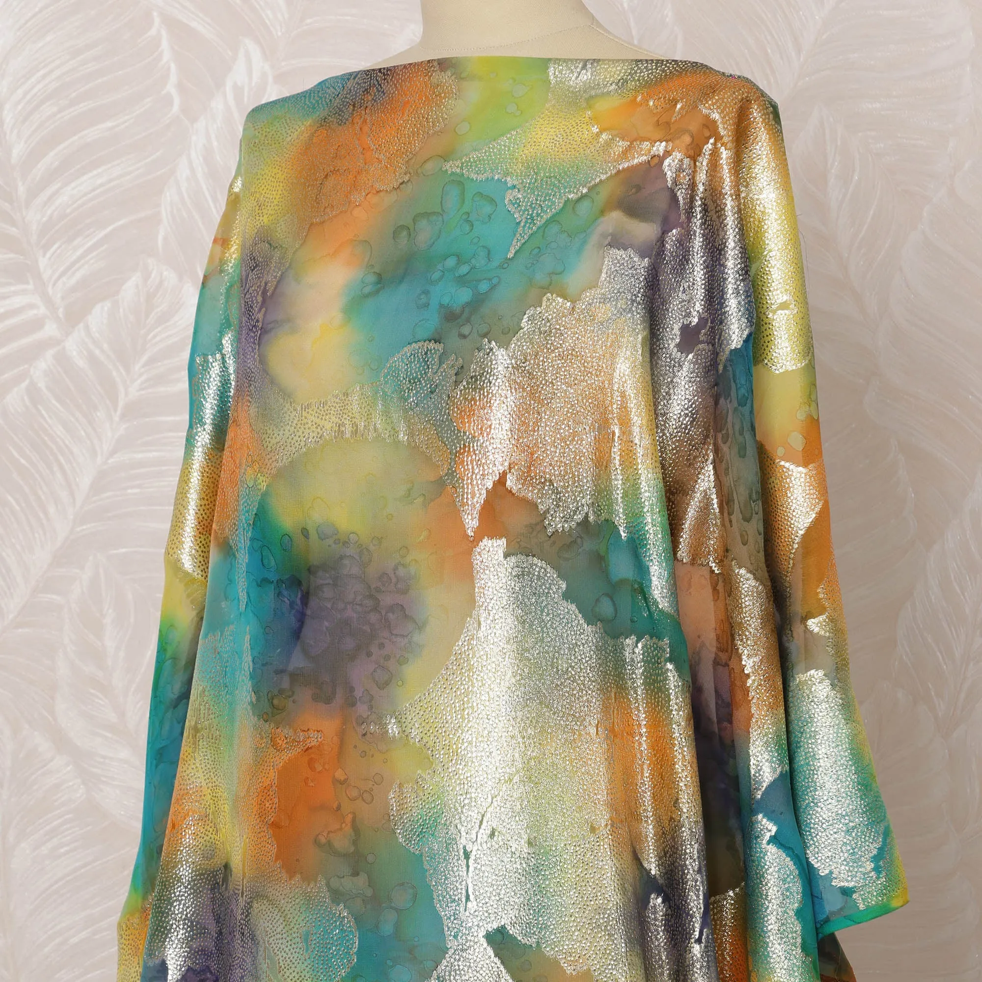 Multicolor Orange, Teal, and Gold Somali Silk Chiffon Dirac Fabric with Metallic Lurex, 3.5 Meters, 140 cm Width-D20869