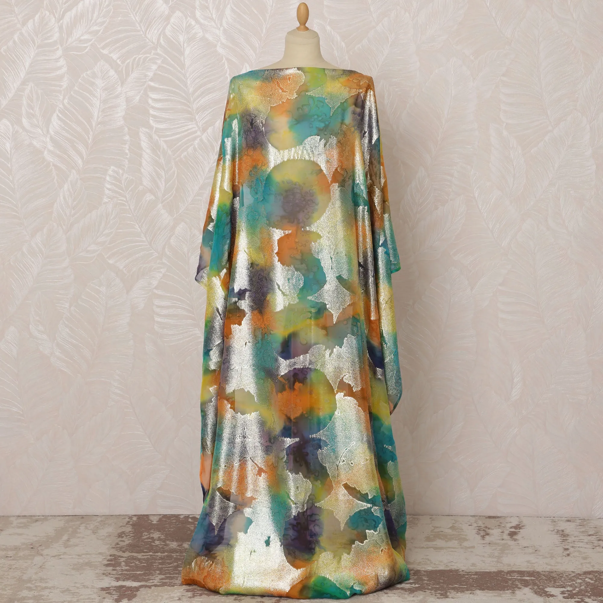 Multicolor Orange, Teal, and Gold Somali Silk Chiffon Dirac Fabric with Metallic Lurex, 3.5 Meters, 140 cm Width-D20869