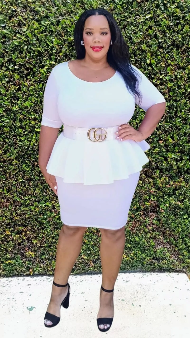 Plus Size Scuba Round  Neck Ruff Hem Peplum Knee Dress