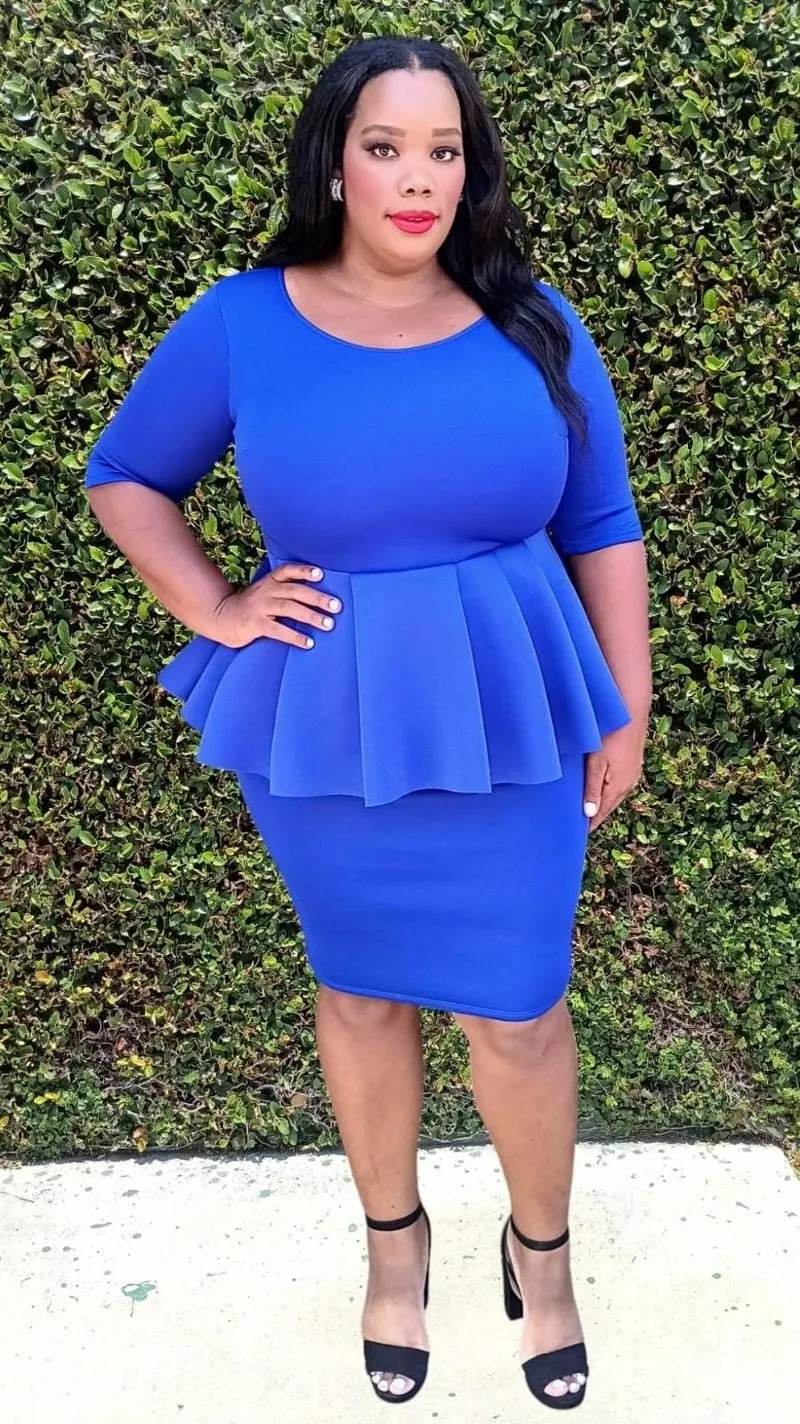 Plus Size Scuba Round  Neck Ruff Hem Peplum Knee Dress