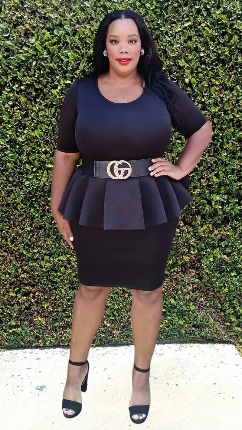 Plus Size Scuba Round  Neck Ruff Hem Peplum Knee Dress