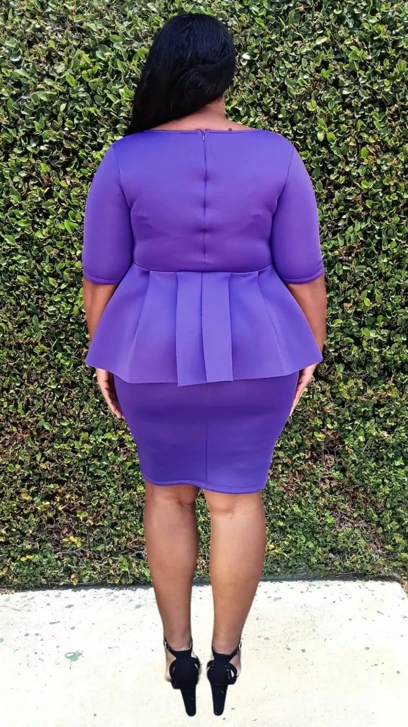 Plus Size Scuba Round  Neck Ruff Hem Peplum Knee Dress