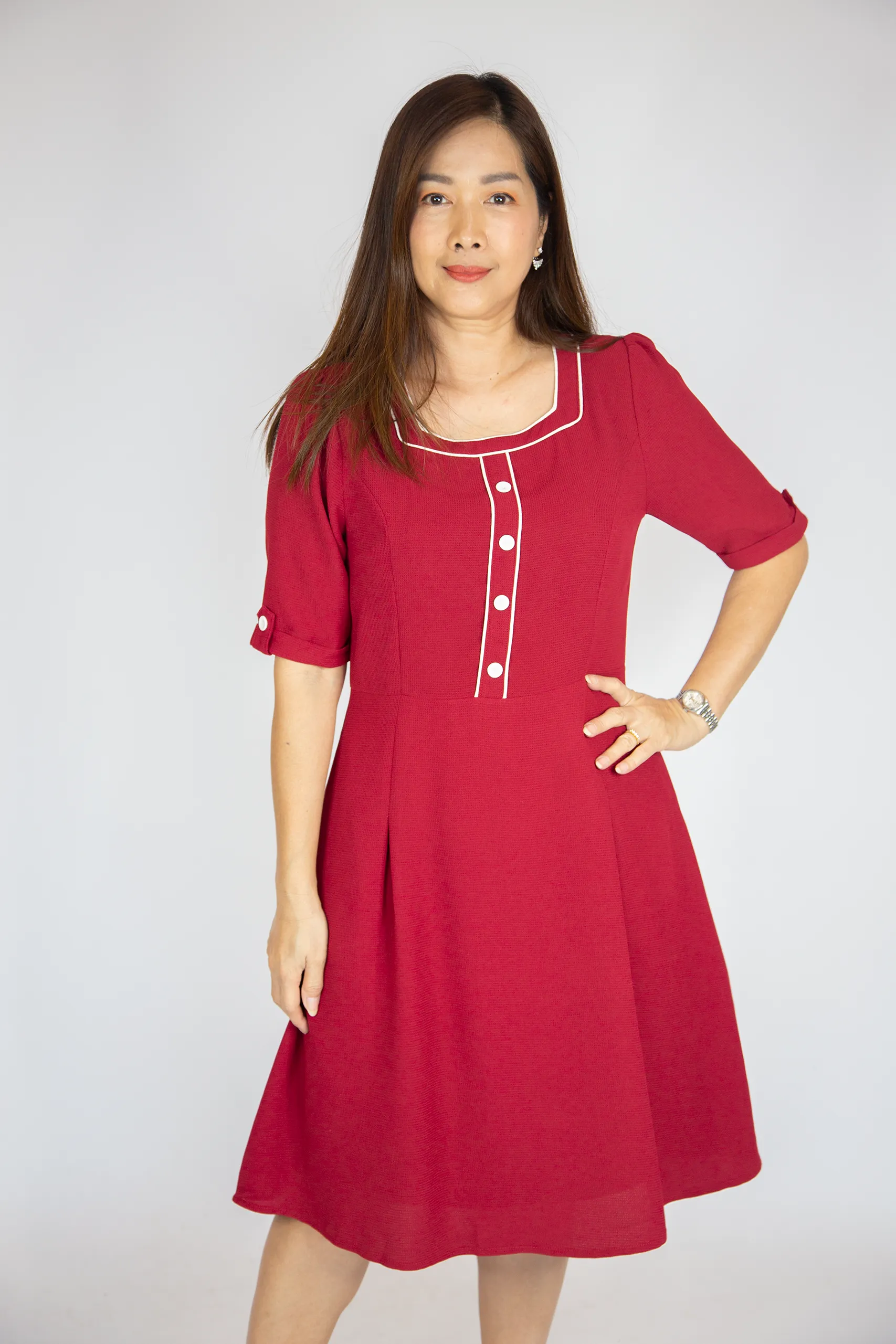 Puff Sleeve Button Elegant Dress