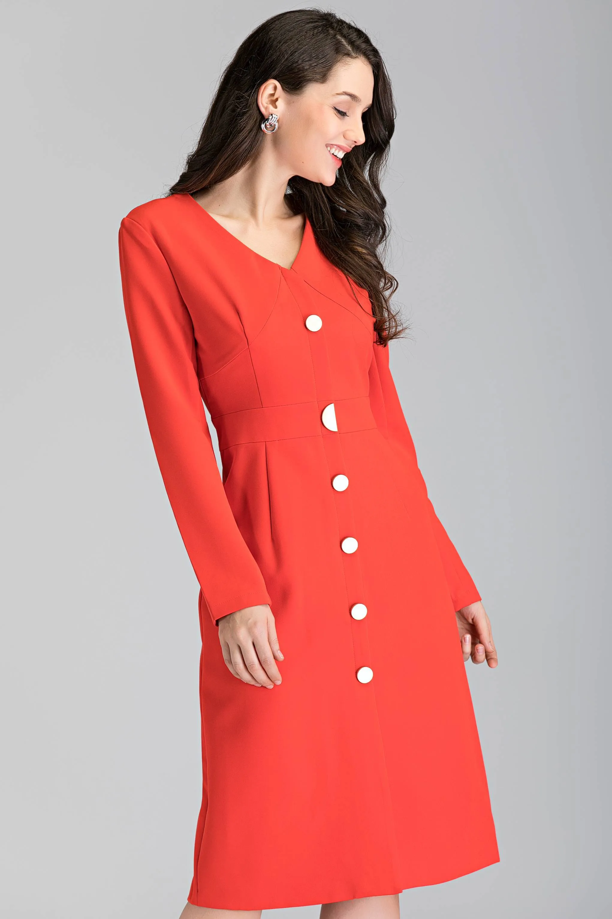 Red Button Up Sleeved Midi Dress