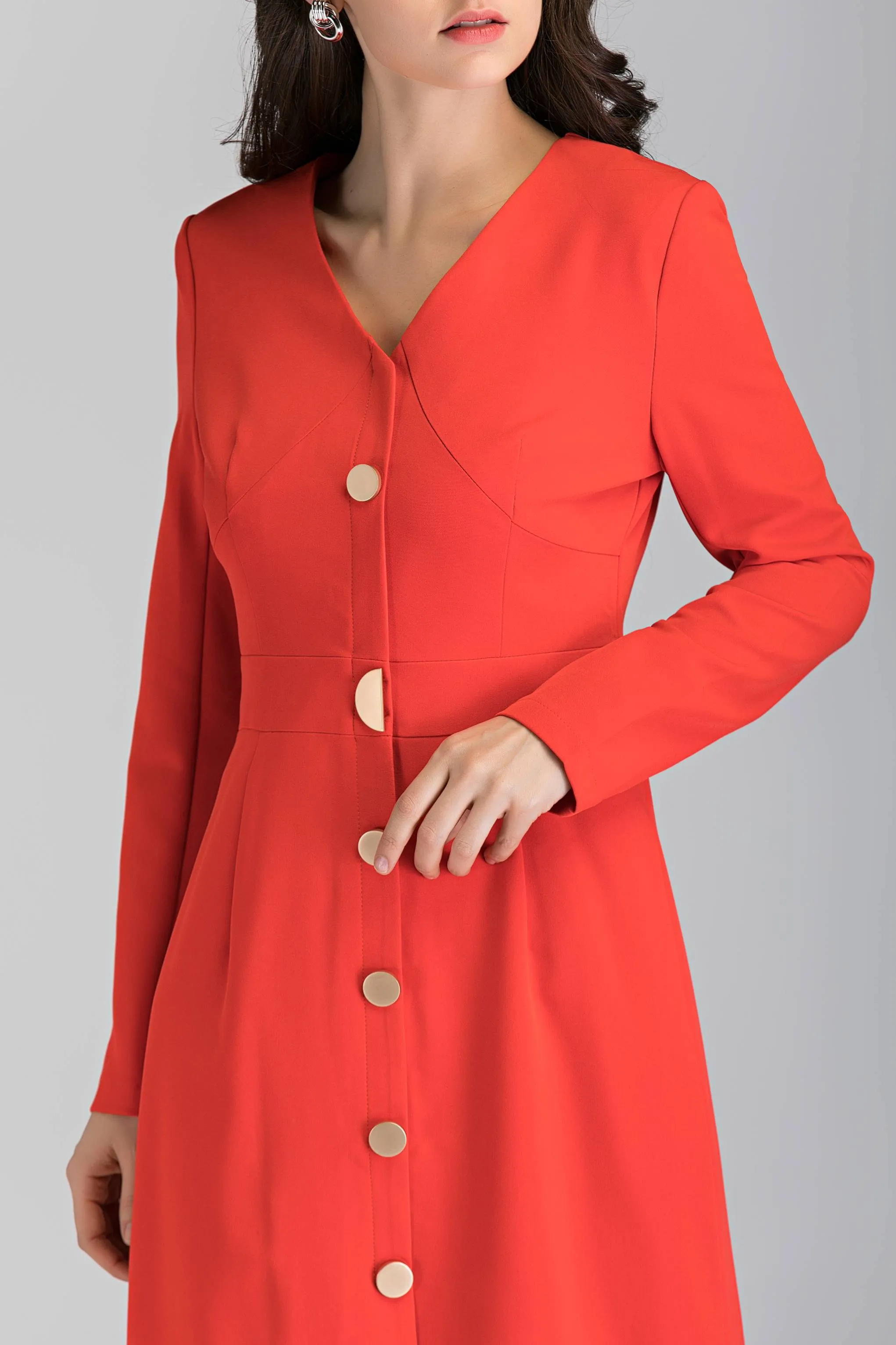 Red Button Up Sleeved Midi Dress
