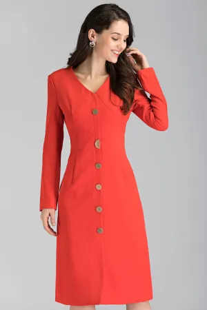 Red Button Up Sleeved Midi Dress
