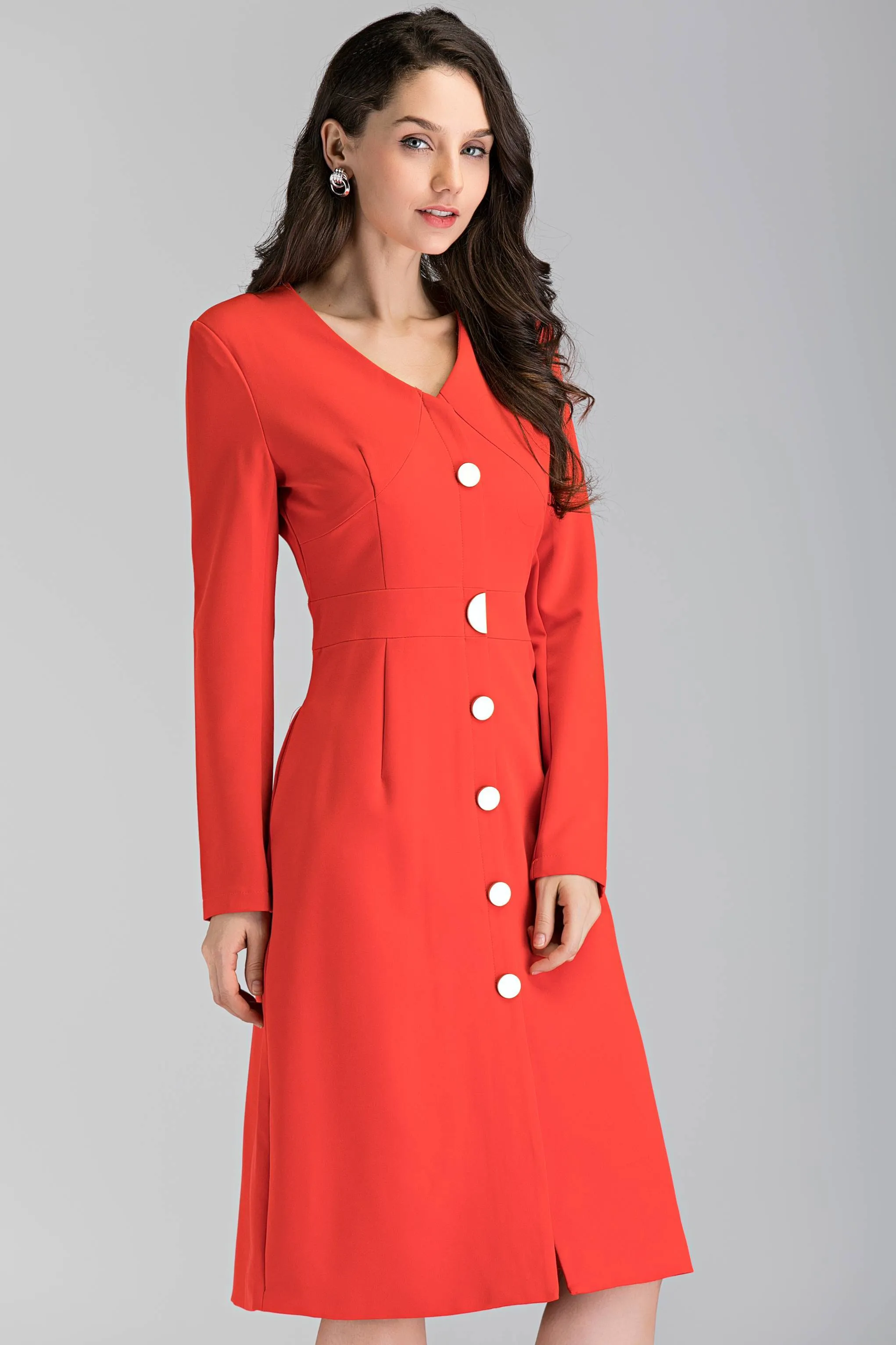 Red Button Up Sleeved Midi Dress