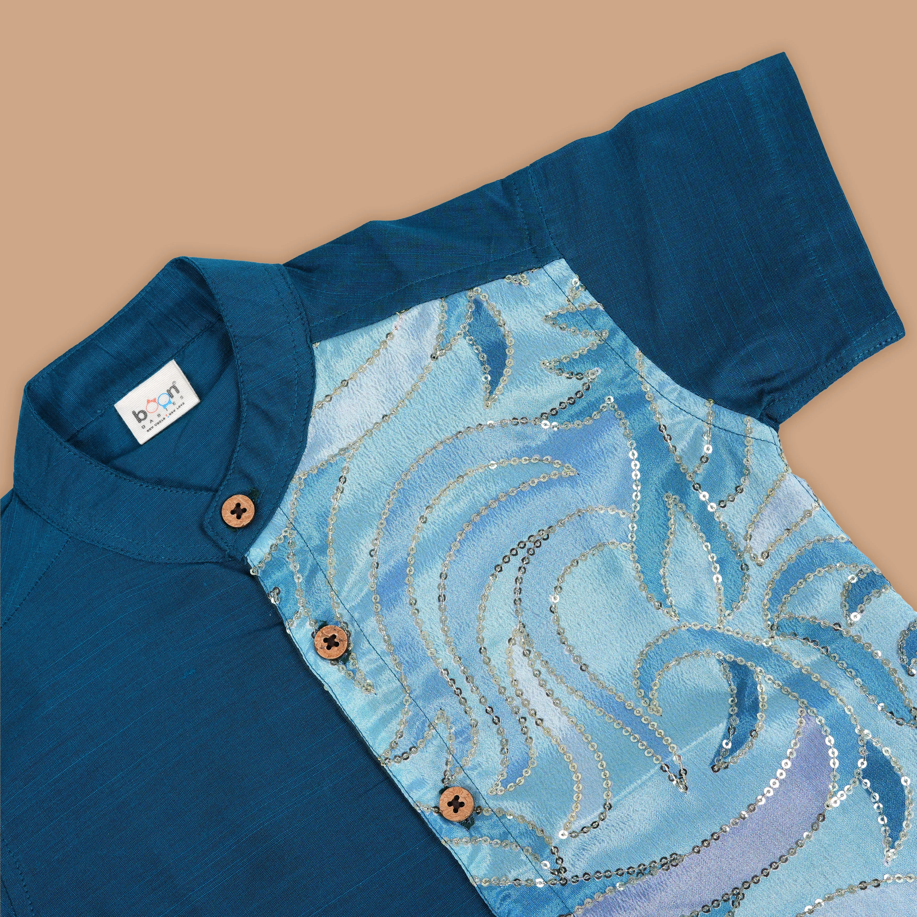 Royal Blue Boys Ethnic Silk Shirt with Dhoti Shimmering Sequin Detail