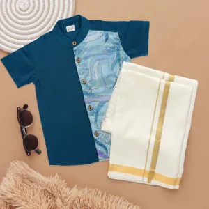 Royal Blue Boys Ethnic Silk Shirt with Dhoti Shimmering Sequin Detail