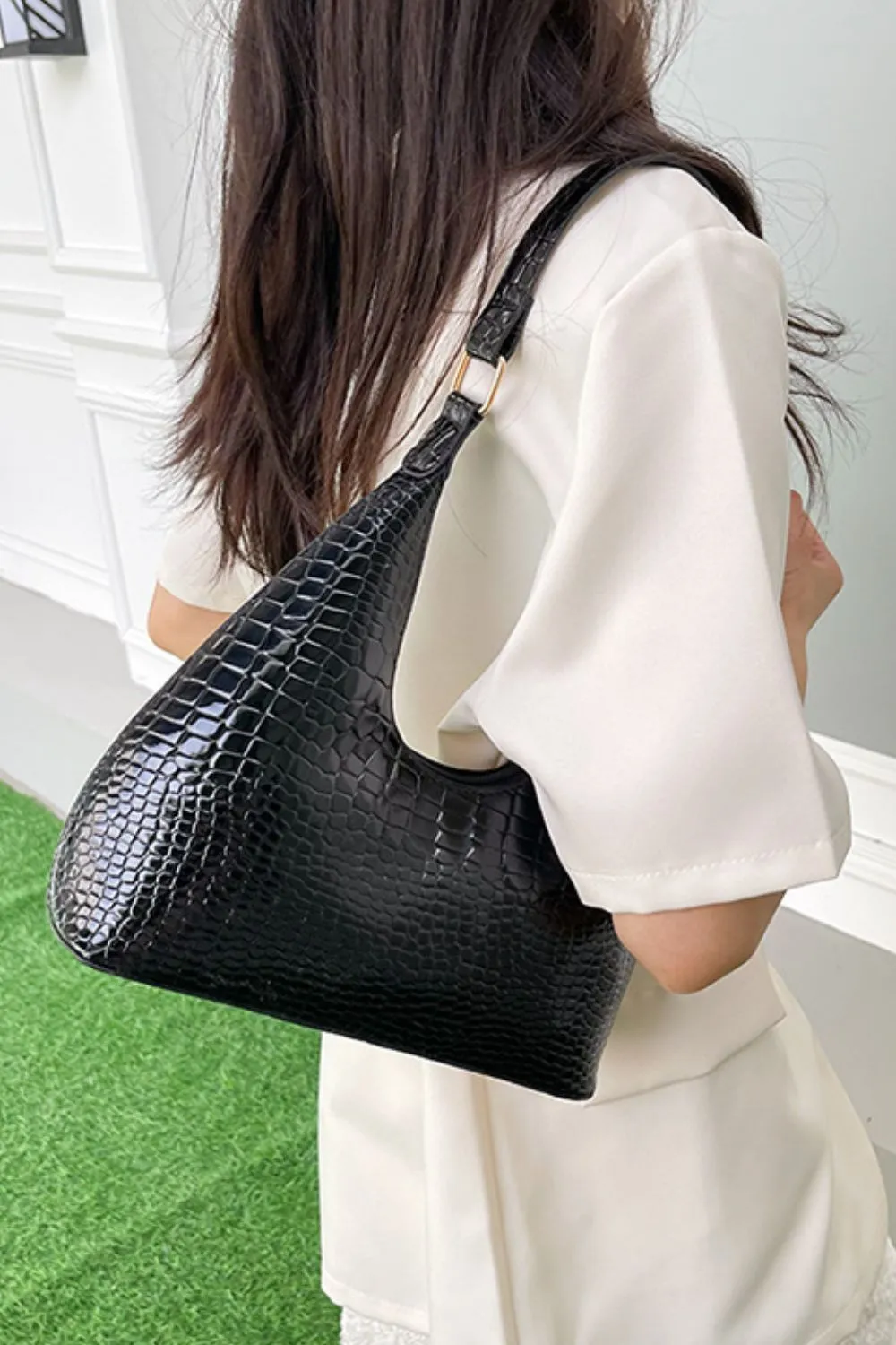 Stone-Textured PU Leather Shoulder Bag