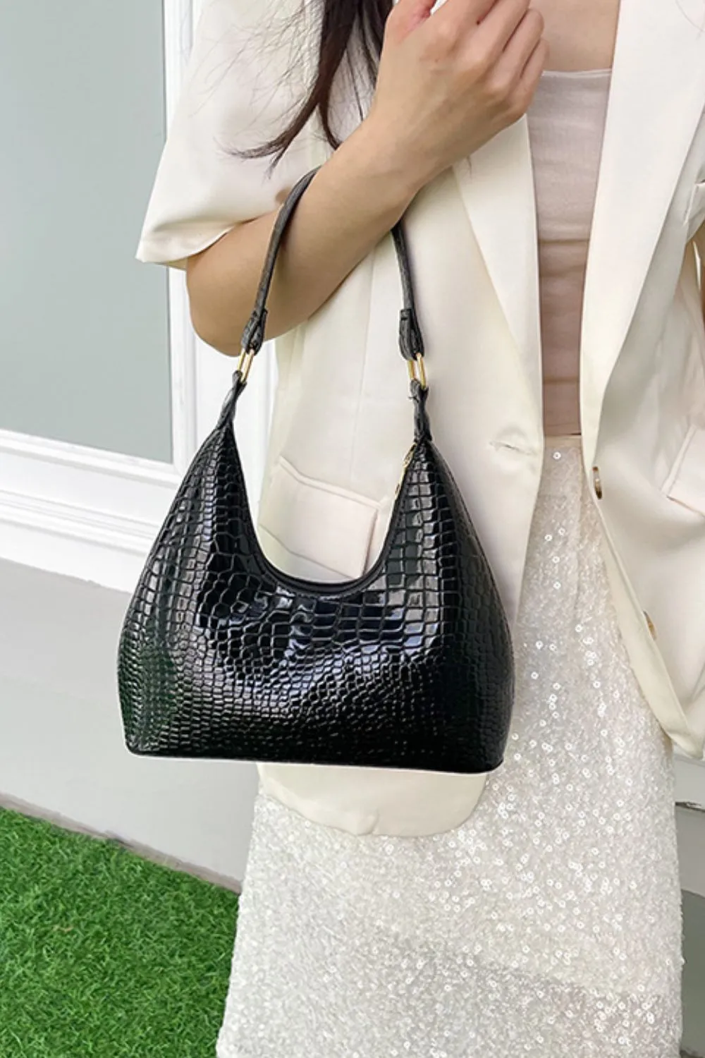 Stone-Textured PU Leather Shoulder Bag