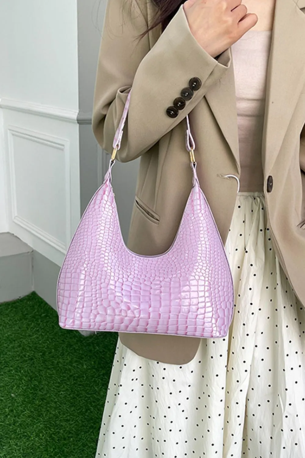 Stone-Textured PU Leather Shoulder Bag