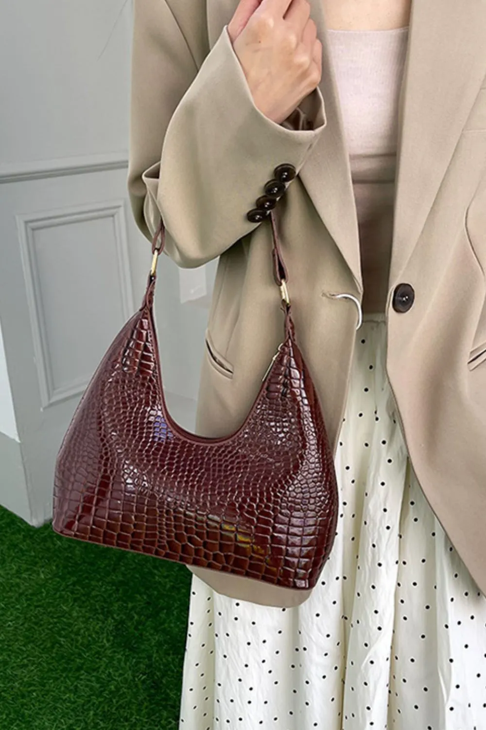 Stone-Textured PU Leather Shoulder Bag