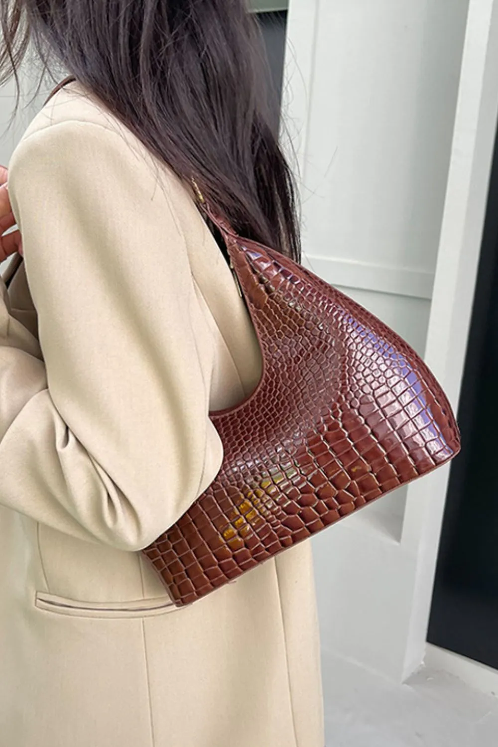 Stone-Textured PU Leather Shoulder Bag
