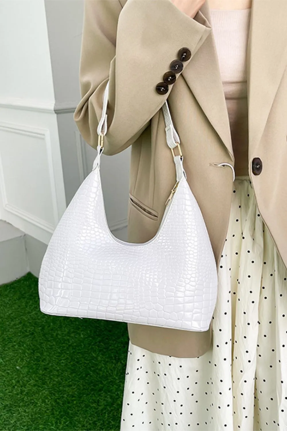 Stone-Textured PU Leather Shoulder Bag