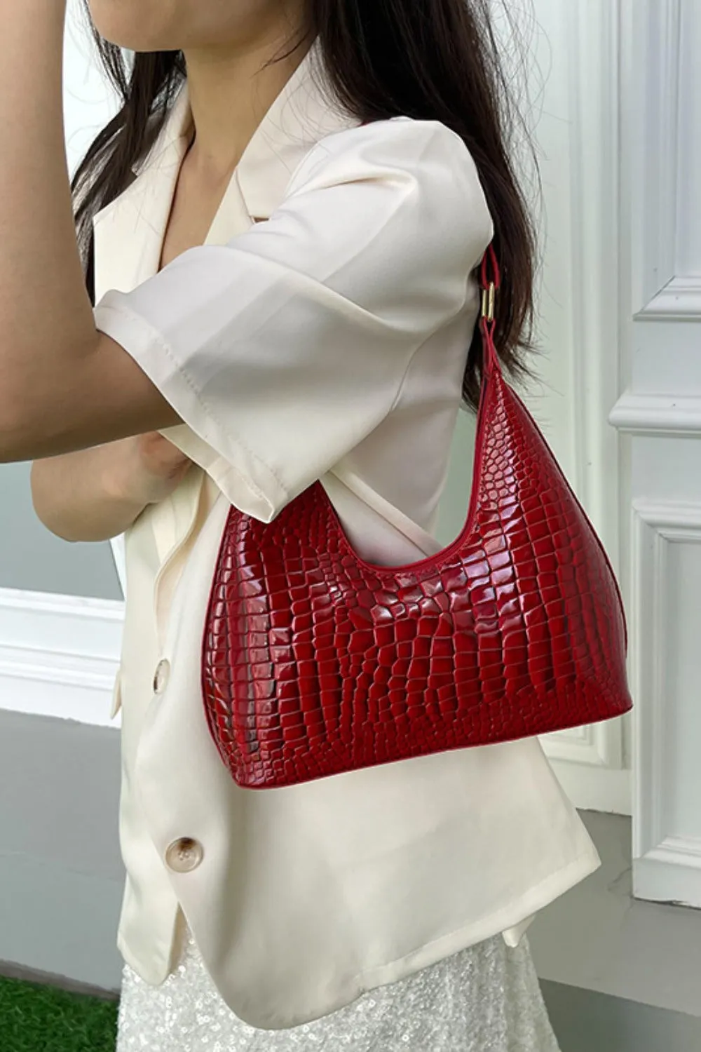 Stone-Textured PU Leather Shoulder Bag