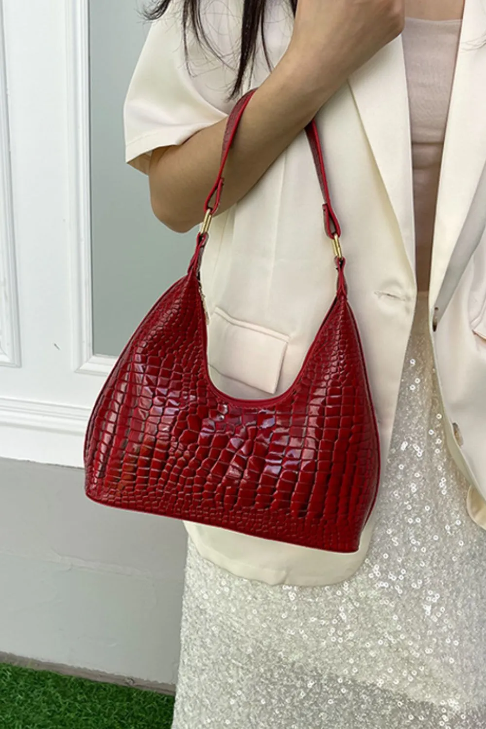 Stone-Textured PU Leather Shoulder Bag