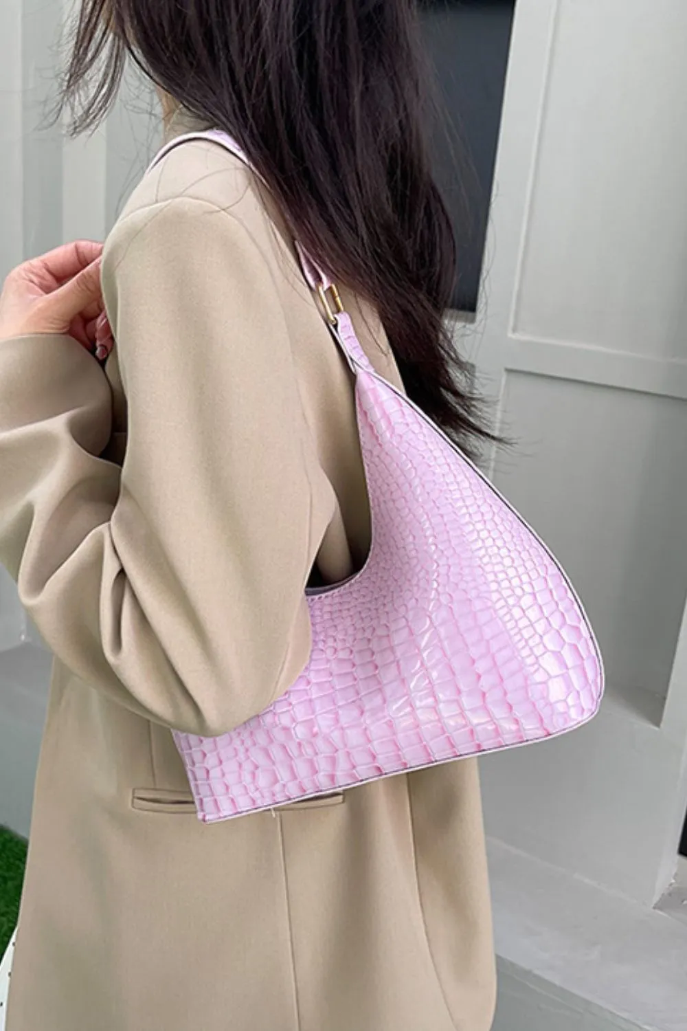 Stone-Textured PU Leather Shoulder Bag