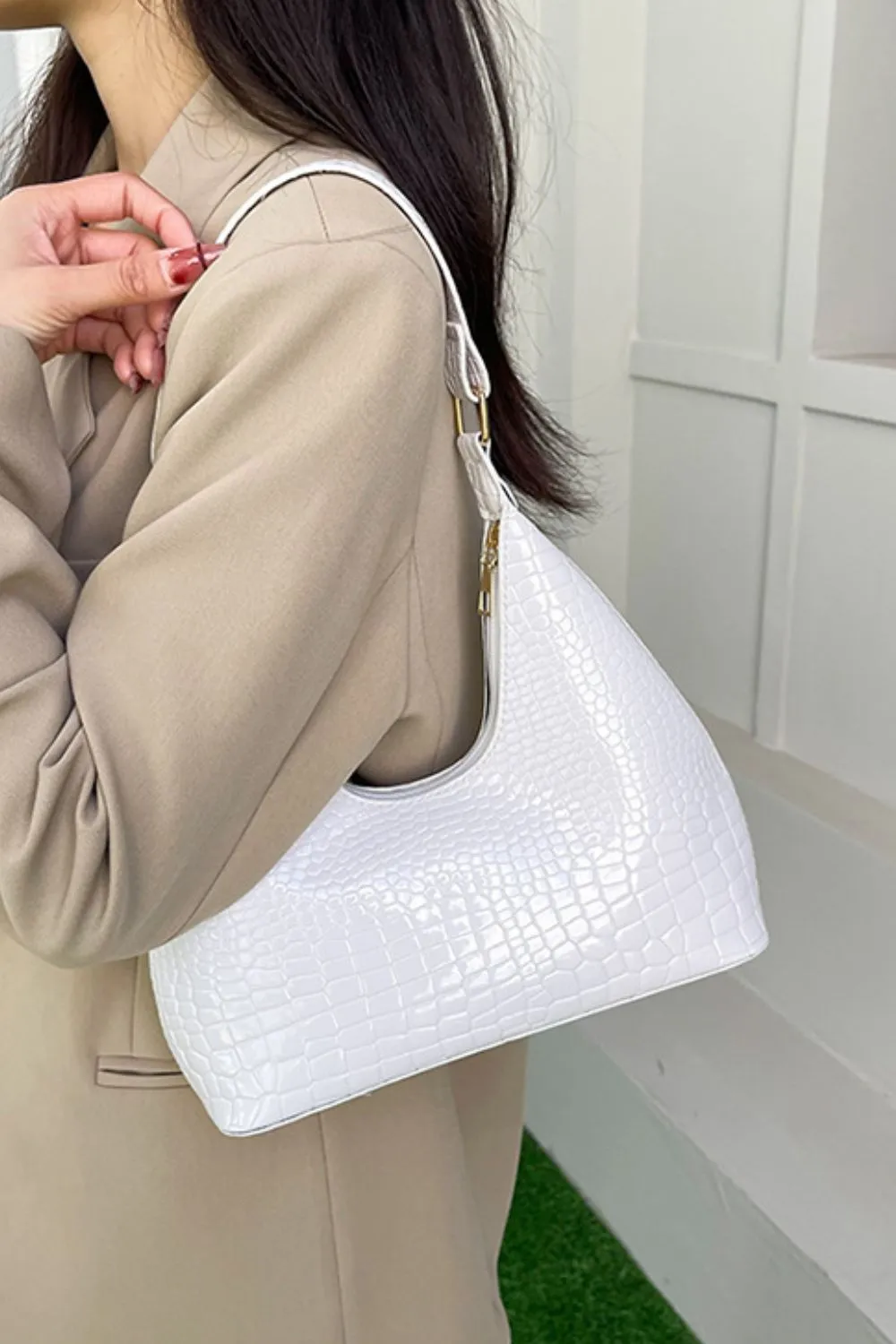 Stone-Textured PU Leather Shoulder Bag