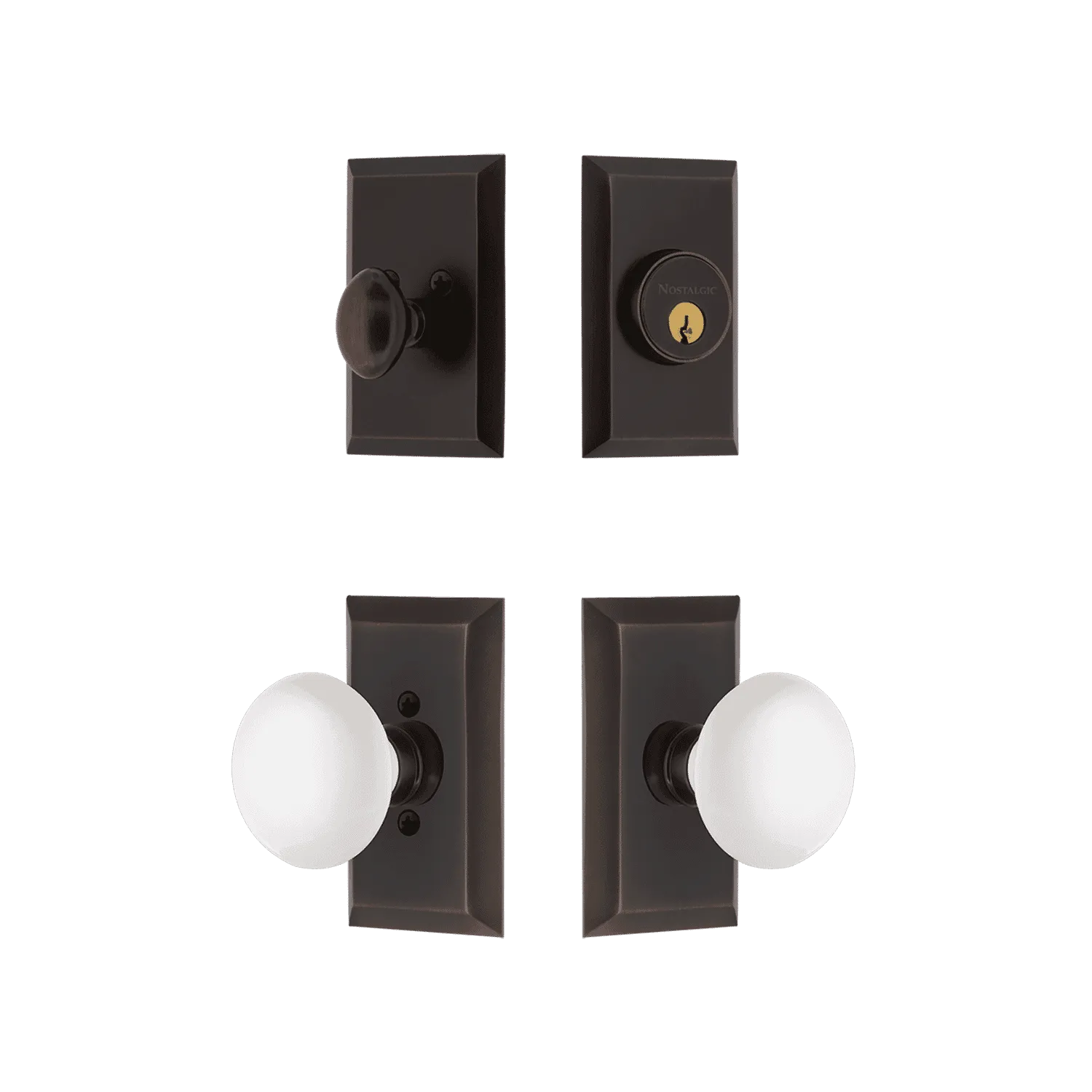 Studio Entry Set with White Porcelain Knob in Timeless Bronze