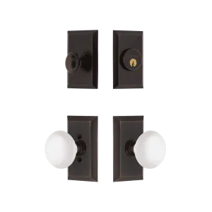 Studio Entry Set with White Porcelain Knob in Timeless Bronze