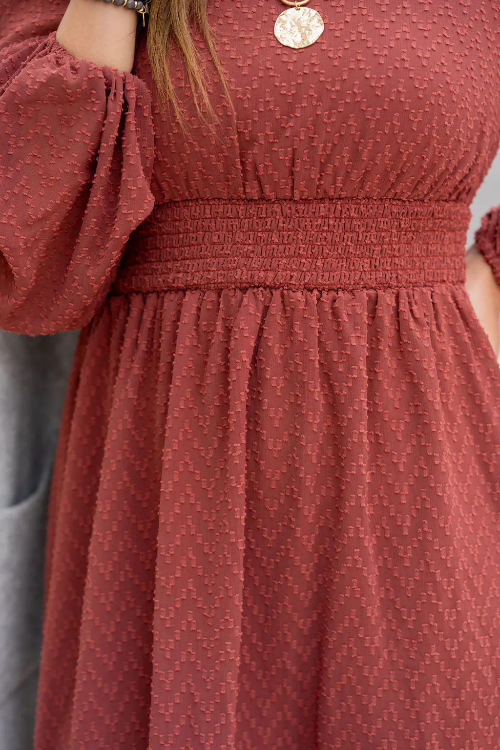 Textured Chevron Cinched Accents Dress