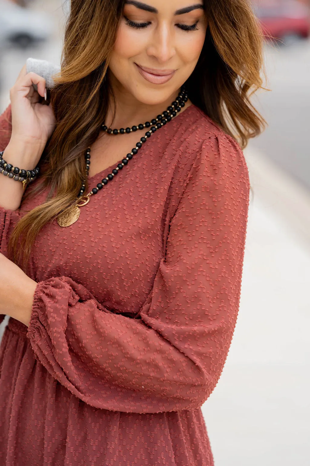 Textured Chevron Cinched Accents Dress