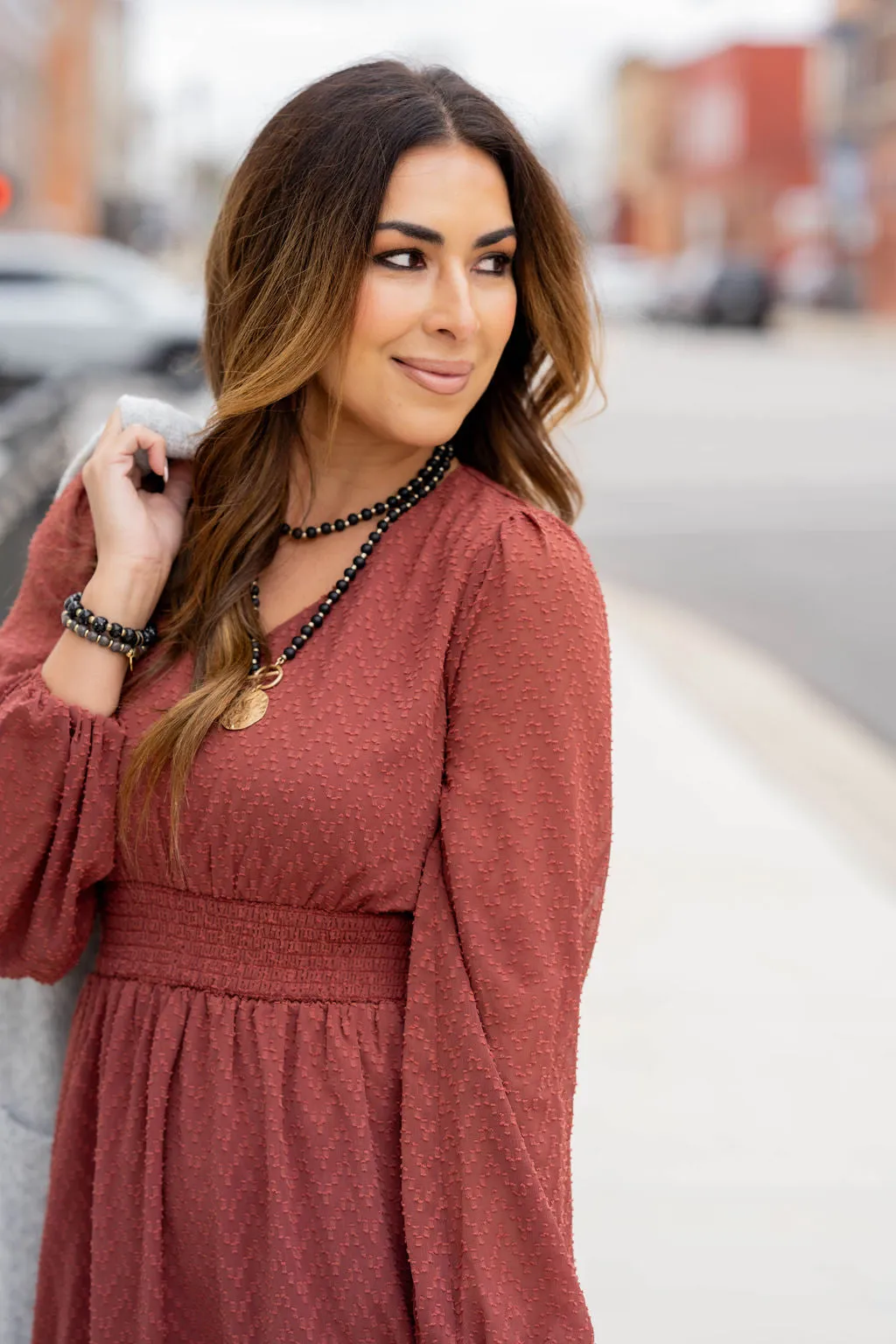 Textured Chevron Cinched Accents Dress