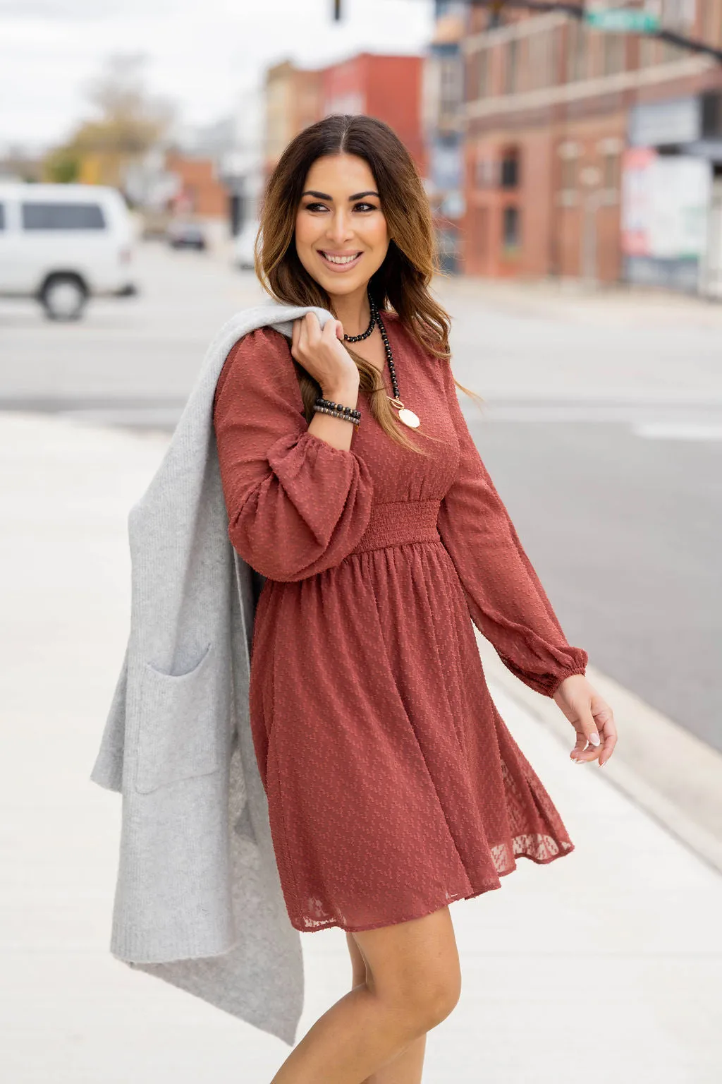 Textured Chevron Cinched Accents Dress