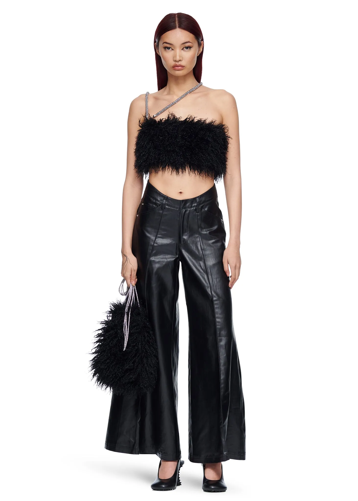 VIAVIA The Faux Mongolian Fur Rhinestone Strap Bag