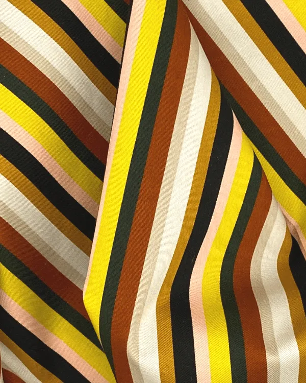 Yellow Multi Stripe Cotton Spandex Fabric with Cinnamon Brown, Black and Beige