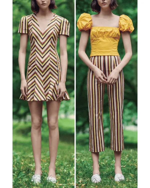 Yellow Multi Stripe Cotton Spandex Fabric with Cinnamon Brown, Black and Beige