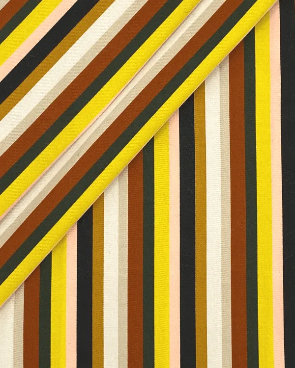 Yellow Multi Stripe Cotton Spandex Fabric with Cinnamon Brown, Black and Beige
