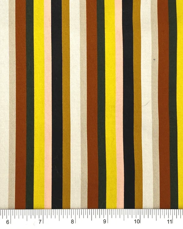 Yellow Multi Stripe Cotton Spandex Fabric with Cinnamon Brown, Black and Beige